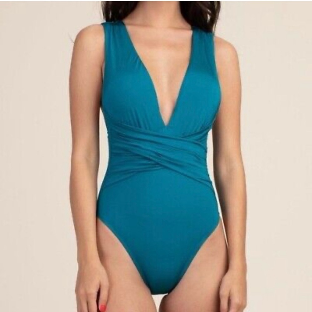 Trina Turk Aqua Blue Cross Front Plunge One Piece Bathing Suit Size 4